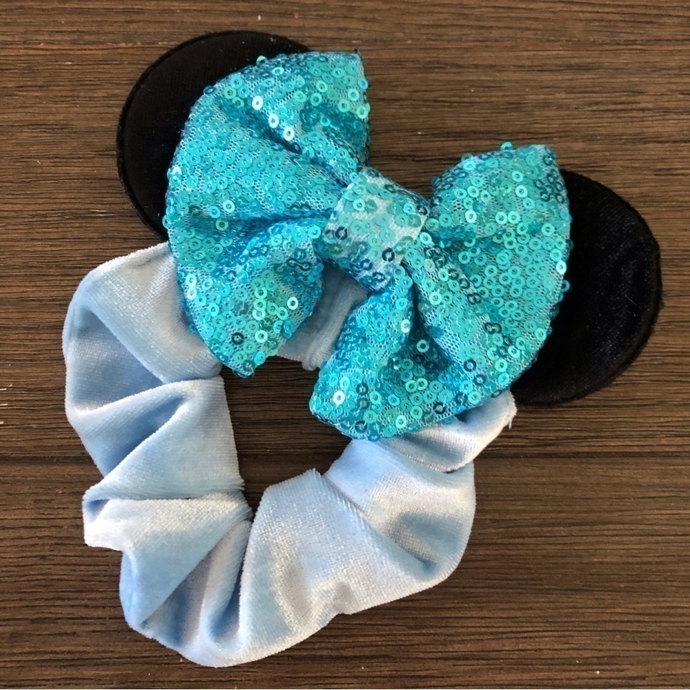 Blue velvet and sequin Mickey ear hair scrunchie